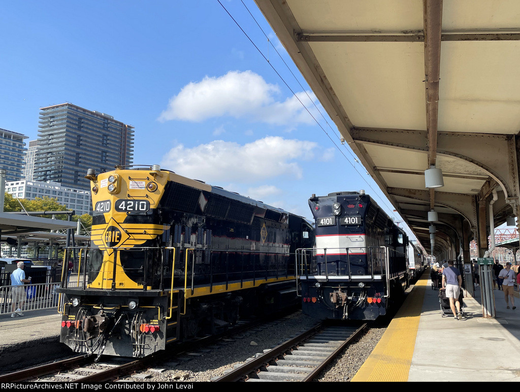 A morning view of the long hoods of both GP40PH-2B # 4210 in the Erie colors and GP40PH-2 # 4101 in the NJDOT "Bluebird" colors